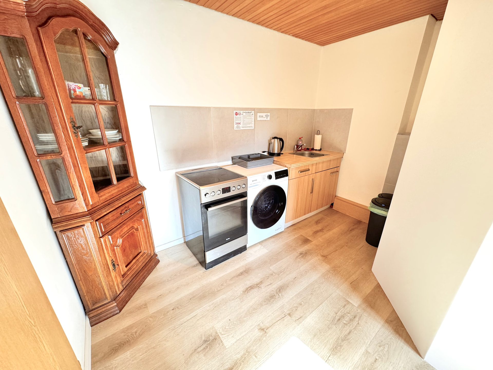 Küchenzeile mit Elektroherd, Waschmaschine, Spüle und Vitrine in Apartment I Griesbach