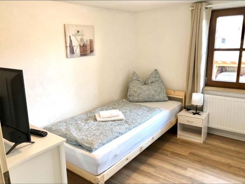 Einzelzimmer mit Bett, Nachttisch und TV – Vilstal Apartment 1 in Reisbach/Altersberg