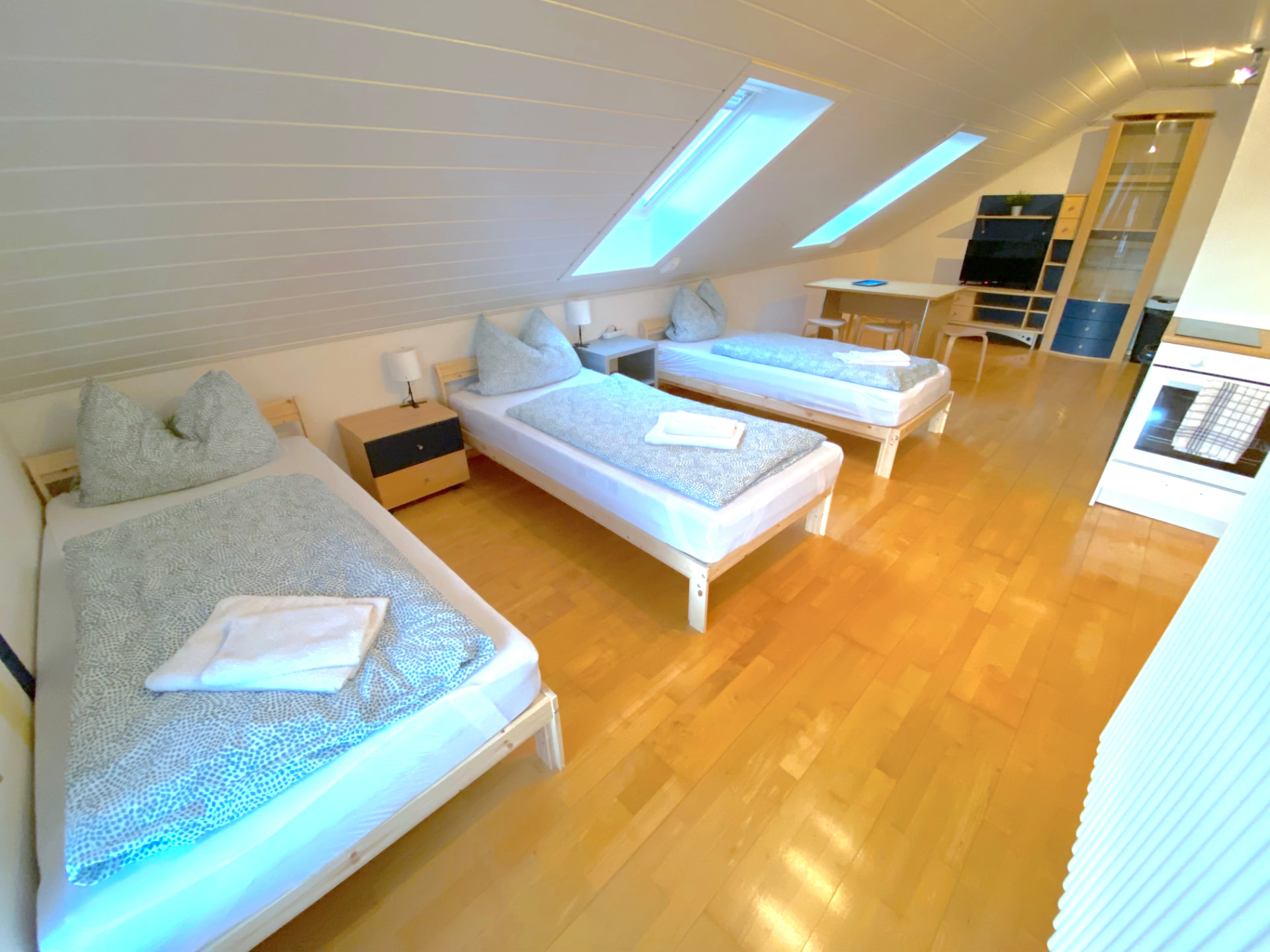 Studio-Apartment V in Kronwieden – Dachgeschoss-Studio mit drei Betten unter Dachschrägen und Dachfenstern